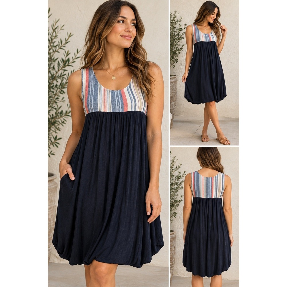 Porridge Anthropologie Striped Yoke Sleeveless Pocket Dress Small Navy Blue